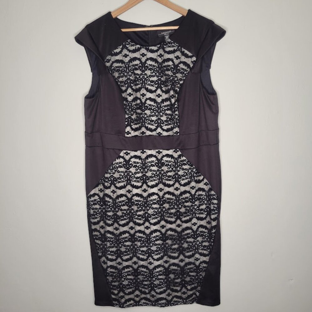 R&M Richards Black Sequin Lace Panel Knee Length Sheath Dress Size 18